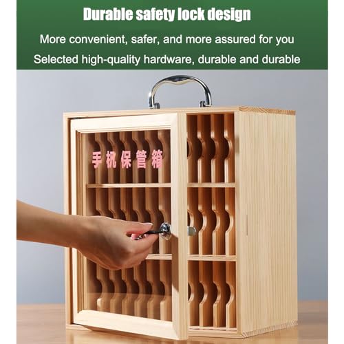 Cell Phone Cabinet Wood Pocket Chart Storage Locker Box, Desktop Mobile Phone Holder Organizer with a Lock, Mobile Phones Safe Deposit Box w/Portable Handle, for Office School Classroom Gym
