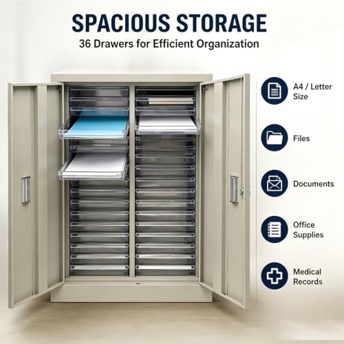 JARYANNIX File Cabinet with Label Transparent Drawers 36 Small Drawers Document Filing Steel Storage Organizer with Lockable Door for Small Parts Office Business Use