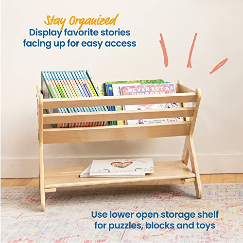 ECR4Kids Wooden Book Caddy with Storage Shelf and Handles, Natural