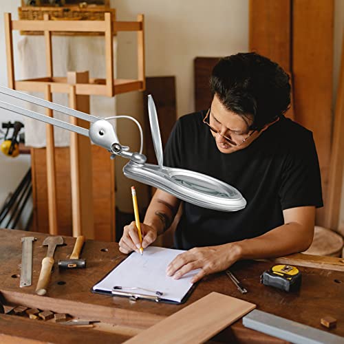 Bemelux LED Magnifying Lamp with Clamp, 5 Inch Magnifier Glass Lens, Metal Swing Arm Dimming 1200 Lumens Lighted Magnifying Desk Lamp for Crafts, Bright 60PCS LEDs - 2.25X Magnification(Silver)