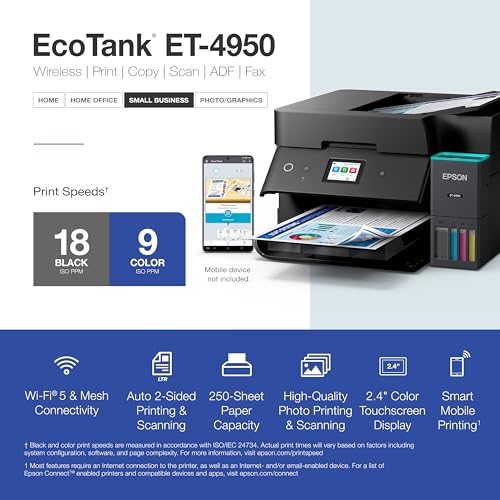 Epson EcoTank ET-4950 Wireless Duplex All-in-One Cartridge-Free Supertank Color Inkjet Printer, Fax, Black