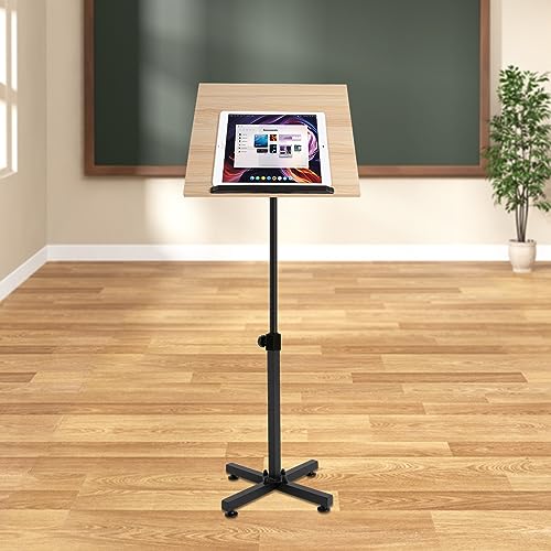 Ageanbri Classic Lectern Podium Stand, Height Adjustable Laptop Table, Portable Presentation Standing for Classroom, Office, Church, Tilting Desktop with Edge Stoppe (Brown)