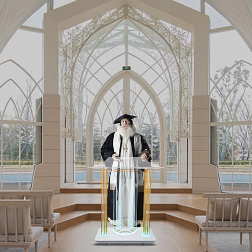 Church Pulpit,Acrylic Pulpit with Wheels,Golden Pattern Design,Led Acrylic Podium with Vertical Reading Platform, 46”Transparent Lecterns for Churches, Classroom (39.3”L*15.7”W *45.6”H)