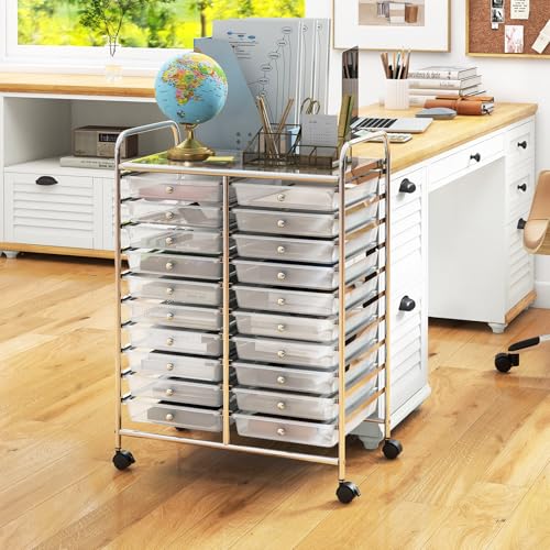 RELAX4LIFE 20 Drawer Rolling Storage Cart, Mobile Rolling Cart w/Drawers for School Classroom Teacher Office Home Salon, Paper File Art Supply Craft Organizer, Utility Cart on Wheels (Clear)