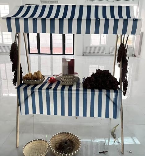 MLYAYE 75 Inch Tall Flexible Wood Stall Stand with Awning/Tablecloth, Commercial Foldable Vendor Cart Pushcart - Retail Booth Kiosk for Art Fair/Farmers Market, Easy Storage(Blue,L 47 1/4 inch)