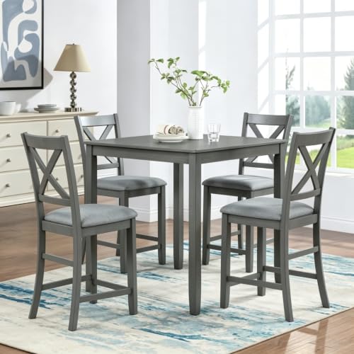 Trygoal Dining Table Set for 4, Modern Counter Height Kitchen Dining Set, Wooden Table and Chairs with Increase Height Square Table, 4 Upholstered Chairs with Foot Rail for Apartment, Home, Grey