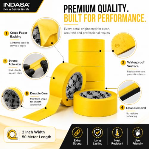 INDASA 10 Case Yellow Masking Tape 2 Inch x 50m High Temperature Resistant Waterproof Clean Removal for Painting Automotive Industrial Construction
