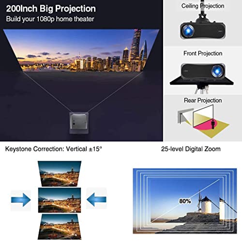 XJPWZER Home Projector Led Theater Beamer System Full 1080p Native Resolution 10000:1 Contrast Ratio 900dab(E)
