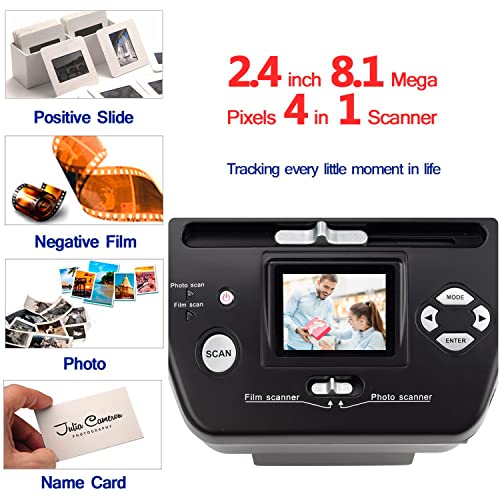 Digital Film Scanner, High Resolution 16MP with 2.4" LCD, 4 in 1 Converts 35mm/135 Slides & Negatives, Photo, Name Card to Digital Files, Black