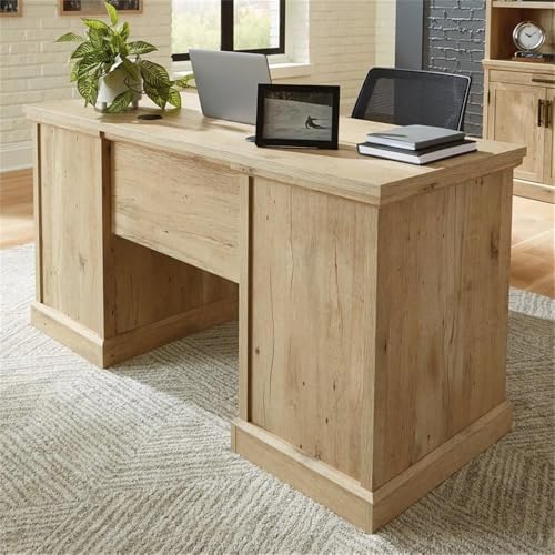 Pemberly Row 60" Engineered Wood Knee Space Credenza Desk, Prime Oak Finish, Sturdy Office Storage Desk with Melamine Top, Locking Drawers, Cord Management System, Finished for Versatile Placement