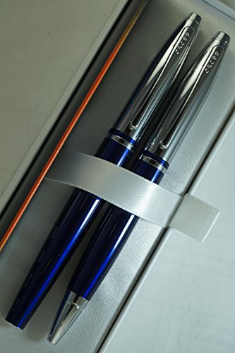 Cross Midnight Blue, polished Appointments and Cross signature mid Band Calaise Selectip Black Gel Ink Rollerball pen and Ballpoint Pen set.