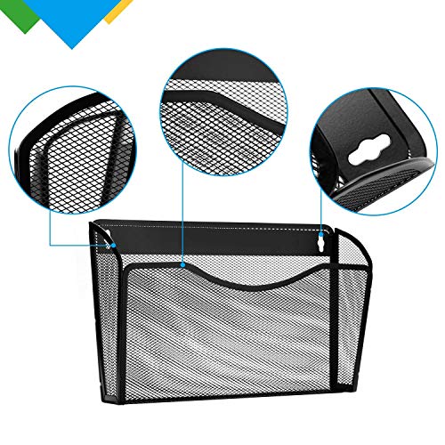 3 Pocket Wall Mount File Hanging Organizer, Metal Mesh Office Home Folder Binder Holder Magazine Mail Sorter Rack + Hardware, Black