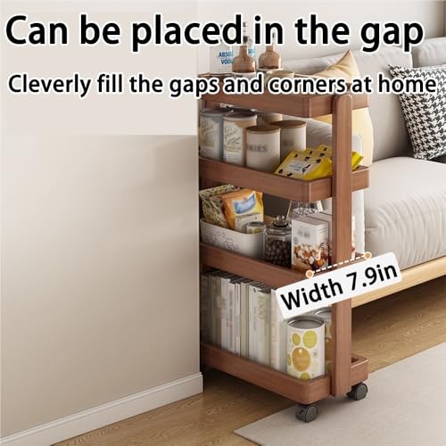 Joaaea Solid Wood Rolling Cart,4-Layer with Wheels 110LBS Heavy Duty,Snack/Book Storage,Floor-Standing for Bedroom Living Room(Natural,60cm-23.6in)