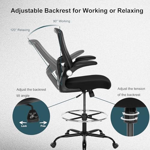 Luckyear Ergonomic Drafting Chair – Tall Office Chair for Standing Desk, Adjustable Height Mesh Chair with Footrest and Flip-Up Arms, Counter Stool, Black