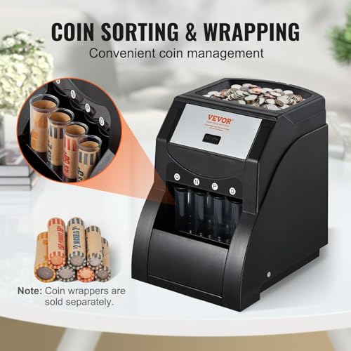 VEVOR Coin Sorter, Sorter and Wrapper Machine with 4 Large Coin Tubes