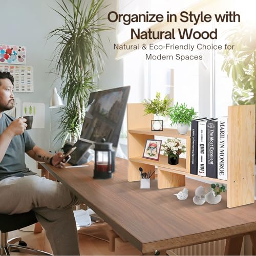 Flexzion Natural Wooden Desktop Shelf Wood Caddy Desk Organizer Set Office Storage Adjustable Expandable Tabletop Accessory Sorter Bookcase Display Stand Rack (Beige)