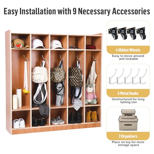 TrailBlaze 5-Section Classroom Coat Locker, Glazed Finished, 5 Large Cubbies & 10 Small Cubbie for Classrooms, Daycare Cubby with 4 casters, 5 Hooks and 2 Storage Boxes, for Home, School, Kindergarten