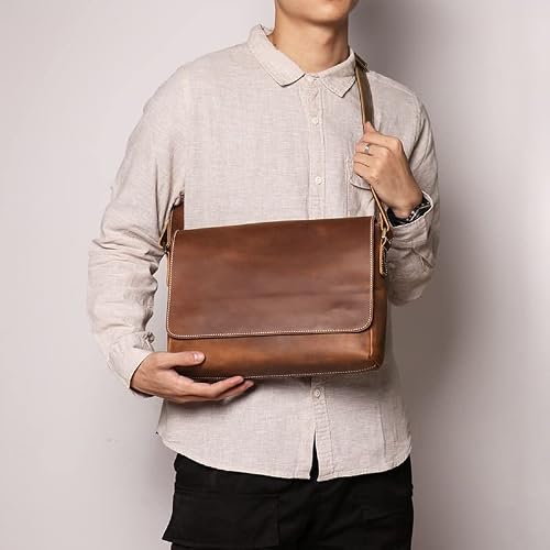 FRAHS Mens Messenger Bag, Waterproof Vintage Leather Briefcase, Large Satchel Shoulder Bag, Computer Laptop Bag for Work Business (Color : Brown, Size : 21 * 29 * 6CM)