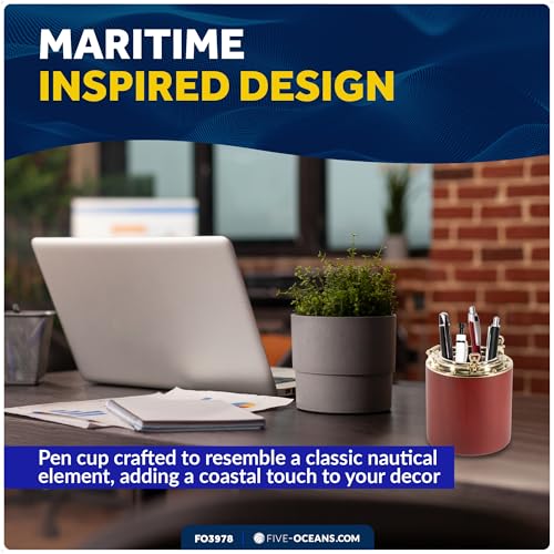 Five Oceans Porthole Collection Nautical Pencil Holder, Pen Holder - Pen Cup - Pencil Holder for Desk, Pen Holder Organizer for Office Decor - 4-inch Height - 2-5/8-inch Diameter - FO3978