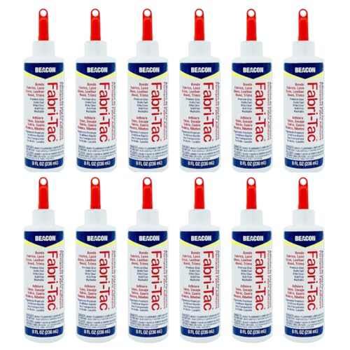 BEACON Fabri-Tac Premium Fabric Glue - Quick Drying, Crystal Clear, Permanent - for Fabrics, Canvas, Lace, Wood and More, 8-Ounce, 12-Pack