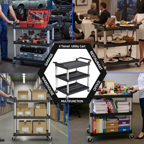 Plastic Utility Carts with Wheels, 3-Tier Rolling Cart, Restaurant Cart