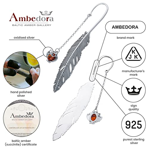 AMBEDORA Bookmark, Oxidised Sterling Silver, Round Baltic Amber in Cognac Colour, Silver Wise Owl Bookmark with Amber L. 11.5 cm