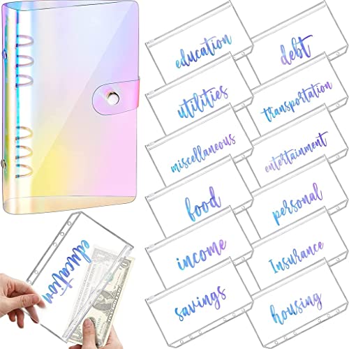 QERTYHKK A6 Rainbow Soft PVC Notebook Cover Planner Budget Binder Organizer with 12 Categories Zipper Envelopes for Bill