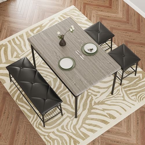 IDEALHOUSE Dining Table Set for 4, Kitchen Table with Upholstered Bench and 2 Chairs, Kitchen Table and Chairs Set with Storage Shelf,Small Space Saving Design, Easy Assembly, Retro Gray