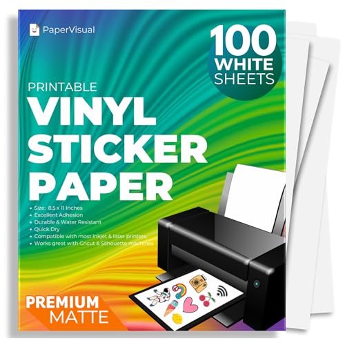 PaperVisual Matte Printable Vinyl Sticker Paper 100 Sheets - Waterproof White, Inkjet & Laser Printer, 8.5x11, Quick Dry, Tear Resistant, Compatible with Cricut & Silhouette -DIY,Labels,SmallBusiness