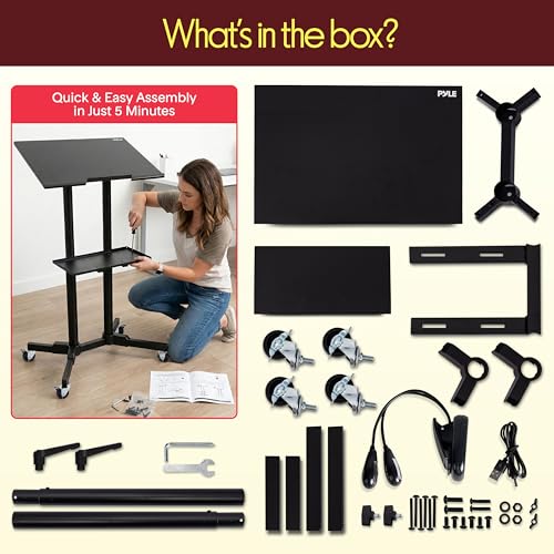 Pyle Lectern Podium Stand | Adjustable Height Top Shelf, Bottom Shelf w/Smooth Rubber Wheels & Metal Brakes | Mobile Standing Desk w/LED Light for Classrooms & Presentations | Portable Rolling Table