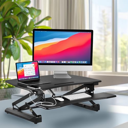 Mount-It! Electric Standing Desk Converter 35.4" Quick Sit Stand Desk Riser, Computer Workstation Motorized Easy Convertor with Built-in USB Charging Port, Ergonomic Height Adjustable in Black