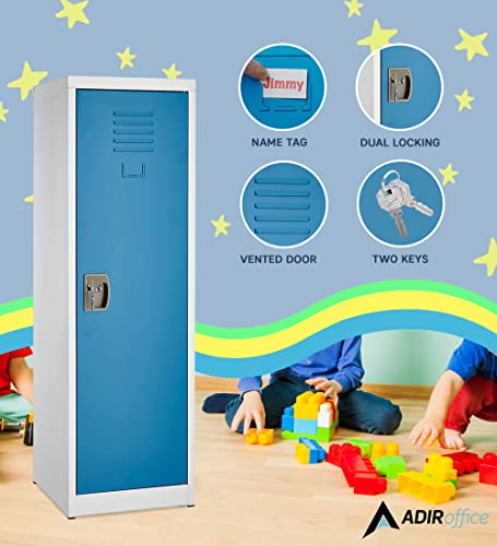 AdirOffice Kids Steel Metal Storage Locker - for Home & School - with Key & Hanging Rods (48 in 1 Door, Blue)
