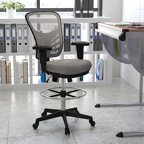 Flash Furniture Mid-Back Mesh Drafting Chair, with Arms, Light Gray