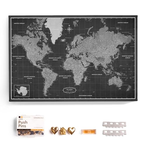 Canvas World Map with Cork Pin Board - English Lettering - Decorative Wall Decoration for All Rooms - Canvas Pictures with World Map Motif (70x50 cm, Pattern 7)