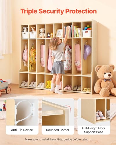 VEVOR 8-Section Coat Locker with Bench, Kids Lockers with 16 Hooks & Non-Slip Mat, Classroom Cubbies for Daycare, Home, Kindergarten- Natural