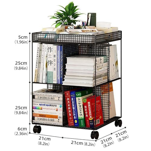 Atkits Four Sided Design Metal Rolling Cart Mobile Book Shelf Cart Moveable Bookshelf on Wheels,Magazine Rack Book Carts,Bookcases for Kids Children Students Study,Black