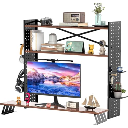 GUODDM 3 Tier Desk Hutch with Adjustable Wood Shelf & Pegboard Trays, Computer Desktop Bookcase Metal(Black,70 * 20 * 93CM)