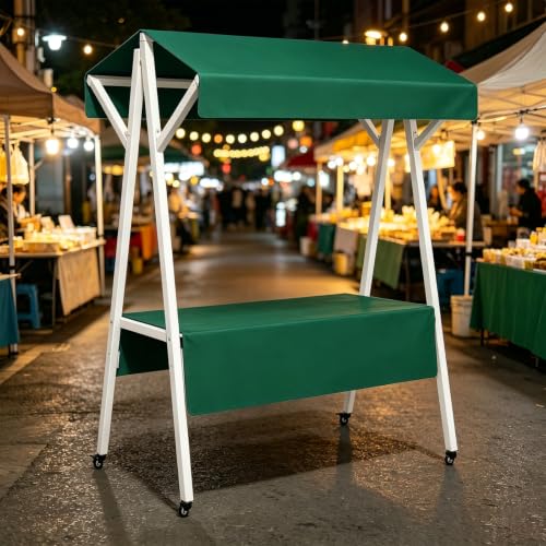 CHBMZ Rolling Vendor Booth with Canopy, Foldable Metal Market Stand on Lockable Wheels for Farmers Markets, Pop-Up Shops & Outdoor Events(Green,160cm/63in)