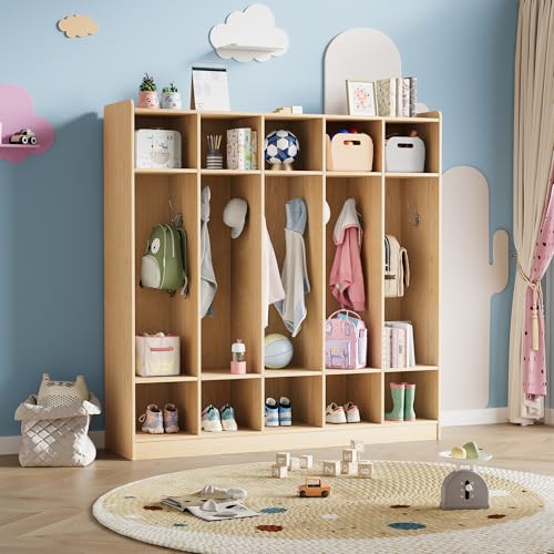 LALFPET 5-Section Wooden Kids Coat Locker with 10 Cubbies & 10 Hooks - Durable Study Area Cubby Storage Organizer for Home, Nursery, Kindergarten - Child-Friendly - Color: Wood Color