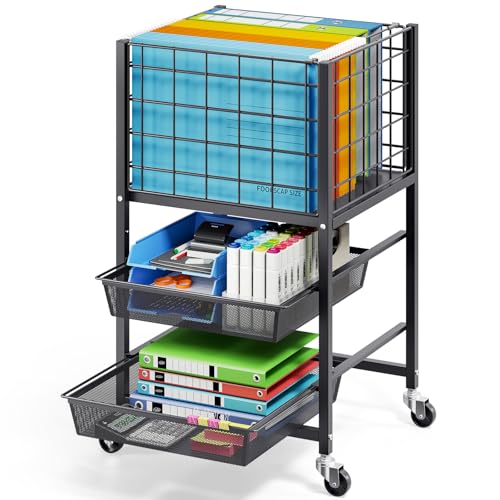 TOOLF Rolling File Cart, 3-Tier Metal File Cabinet with Wheel, Filing Cabinet with 2 Sliding File Trays, Adjustable Hanging File Folder Organizer for Office, Home, Classroom Black