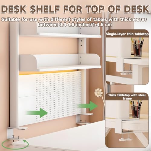 Clamp on Desk Shelf, Multipurpose 2-3 Tier Desk Hutch with Pegboard, Wood Desktop Countertop Storage Organizer Height Adjustable,Desktop Bookshelf for Dorm,Office Home,Walnut tall15in long23in