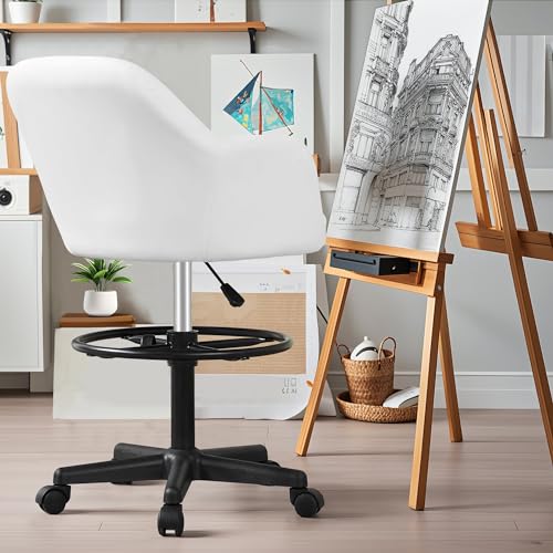 VECELO Drafting Chair with Height-Adjustable, Lumbar Support and Footrest, for Standing Desk Bedroom Vanity Office Living Computer Room, White