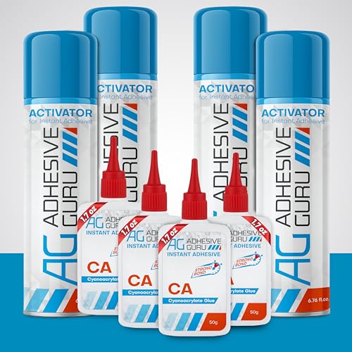 Adhesive Guru CA Glue with Activator (4x1.7 oz - 4x6.76 fl oz) - Premium Cyanoacrylate Super Glue for Woodworking, Woodturning, Plastic, Metal, Leather, DIY, Ceramic & Craft | Instant Bond - 4 Pack