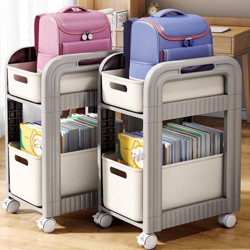 JS Ellie Mobile Book cart, Small Storage carts with Drawers and Detachable Wheels, Suitable for Living Rooms, bedrooms, Studies, bathrooms, and Kitchens Beige 2-Tier