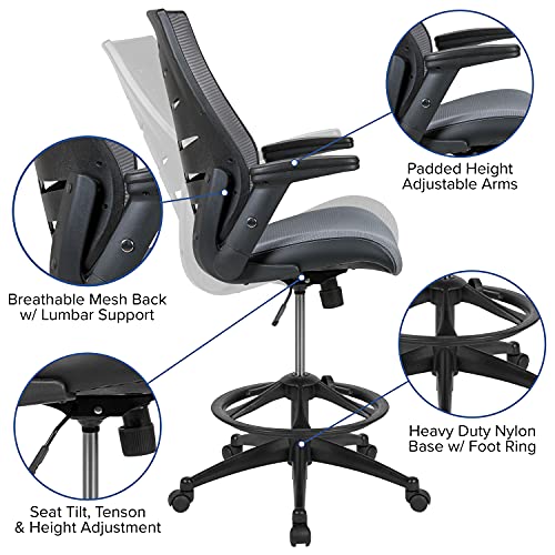 BizChair High Back Dark Gray Mesh Ergonomic Drafting Chair with Adjustable Flip-Up Arms