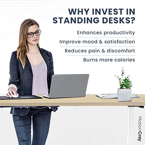 MotionGrey - German Electric Dual Motor Height Adjustable Standing Desk, Ergonomic Stand Up Desk, Adjustable Sit Stand Desk Stand - (Tabletop Included) (White Frame - Brown Top)