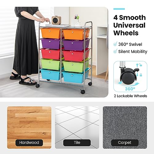 CLEEMAN 10-Drawer Rolling Cart with Drawers, Storage Cart with Universal Wheel & Metal Frame, Multipurpose Mobile Trolley Utility Cart for Makeup Kitchen Office Play Room (Multicolor)