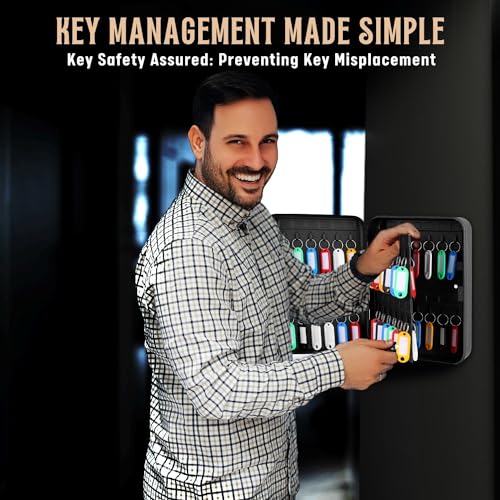 Flexzion Key Box Wall Mount with Code - Black Key Cabinet Lock Box Key Storage Box Wall Mount with Combination Lock, Secured Key Organizer Box with 48 Colored Key Holder for Homes, Office, Apartments