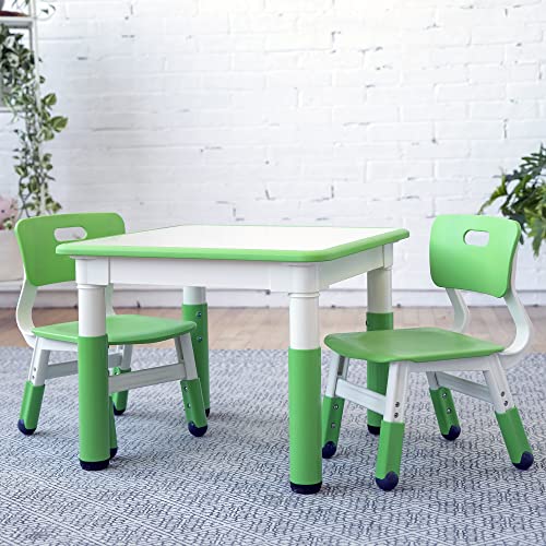 ECR4Kids Dry-Erase Square Activity Table with 2 Chairs, Adjustable, Kids Furniture, Grassy Green, 3-Piece