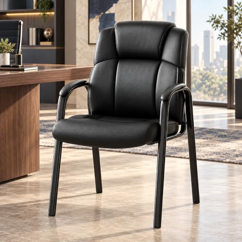 Simple Deluxe Office Guest Chair with Padded Arm Rest No Wheels, Waiting Room Reception Leather Stationary Chairs for Conference Room, Lobby, Home, Desk Table Side, Dining, 1 Pack Thickened Cushion